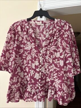 Floral Button-Front Blouse in Deep Pink - Women’s Relaxed Top